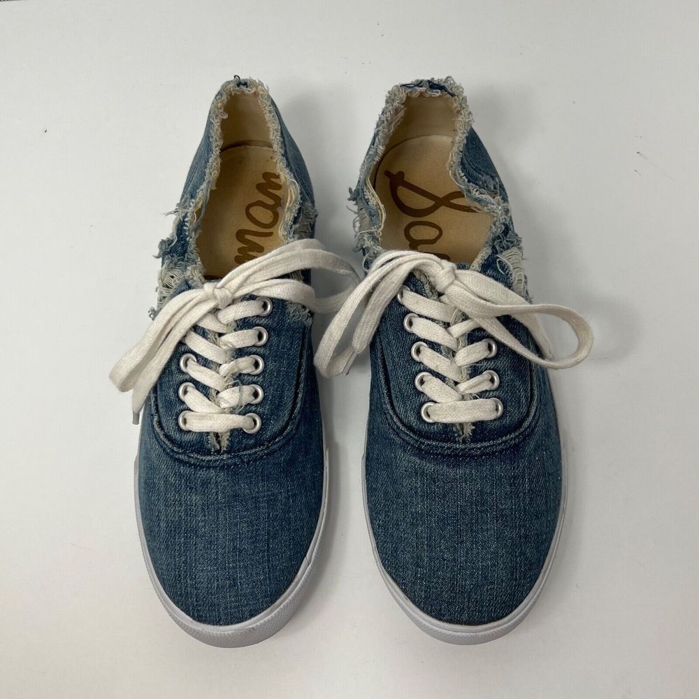 Sam Edelman CALLA Distressed Denim Sneakers Women Size 8 M Frayed Lace Up - Picture 4 of 12